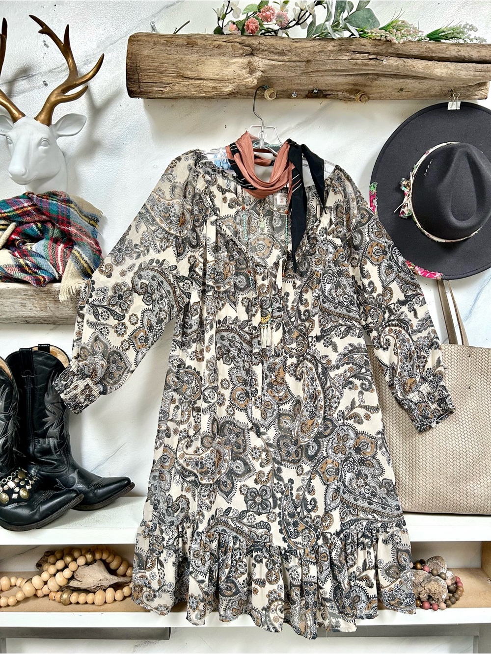 Paisley Gypsy print boho Midi Dress w resort vacay shabby chic vibe